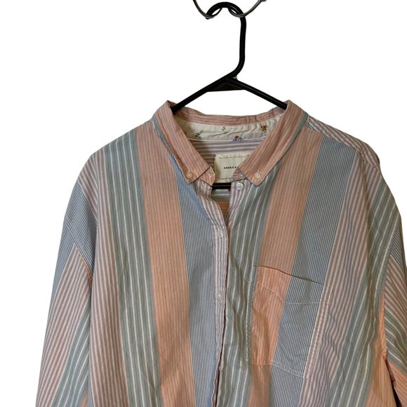 American Eagle Button Up Blouse Womens XL High Low Striped Multicolor Relaxed - Picture 2 of 8